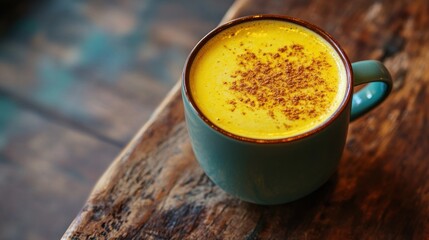 Poster - A vibrant cup of golden turmeric latte on a rustic wooden surface.