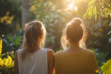 Two women friends resting in the garden, watching the sunshine together happily, Generative AI