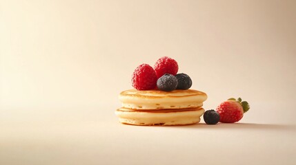 Wall Mural - Minimalist closeup of a single pancake topped with a few fresh fruits, styled on a plain, light-colored background for a sleek, modern look