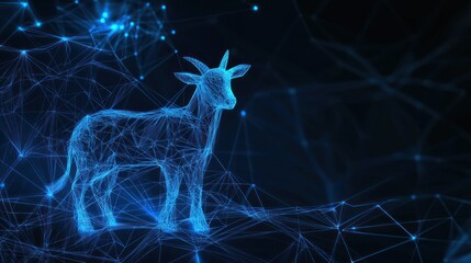 Sticker - A digital representation of a goat composed of glowing blue lines and nodes.