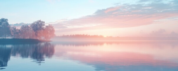 Wall Mural - Pastel pink sunrise reflecting on a misty lake with silhouetted trees