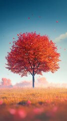 Wall Mural - Red maple tree losing leaves in autumn field