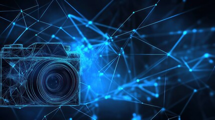 A digital camera illustration surrounded by a network of blue connections.