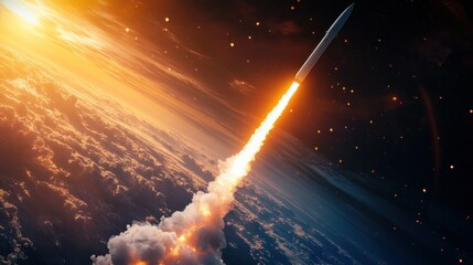 Wall Mural - a rocket launches into space, leaving a trail of fire against a backdrop of earth and stars.