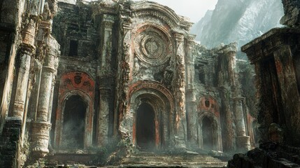 Sticker - Ruined Stone Structure with Archways and Pillars in a Mountainous Landscape