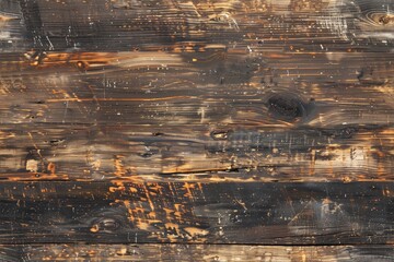 Wall Mural - Weathered rustic wooden surface with dark tones and visible grain patterns. The wood shows signs of aging with scratches and burn marks, creating a rustic appearance.