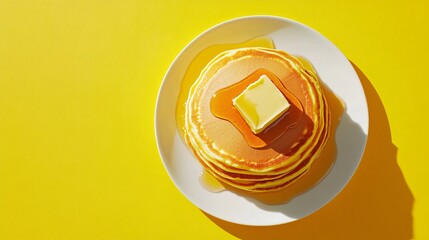 Wall Mural - Pancakes topped with maple syrup and butter, styled on a neon yellow background for a fresh, modern breakfast scene