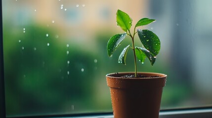 A small green plant, potted in a terracotta pot, sits on a windowsill. The plant is thriving, with lush leaves and a healthy stem. Rain drops fall outside the window, creating a peaceful and refreshin