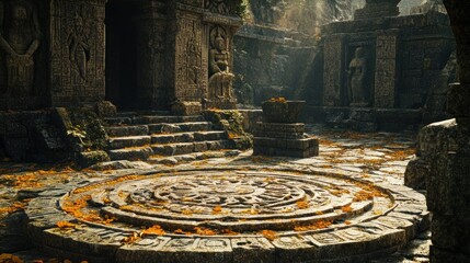 Canvas Print - Ancient Stone Temple Courtyard with Carved Circle