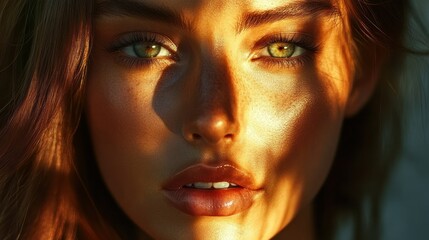 Sticker - Close-up Portrait of a Woman with Green Eyes and Sunlit Skin