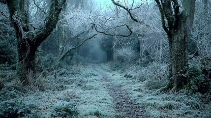 Poster -   A snow-lined path leads between towering trees, surrounded by misty skies