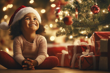 Little African-American girl wearing Santa Claus hat, looking up at Christmas tree, copy space