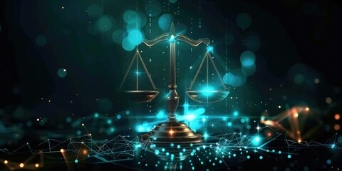 Law scales in a digital law concept with data center background