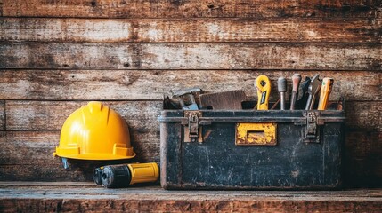 Toolbox with construction tools and hard hat on wood
