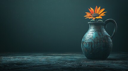 Poster -   A sunflower in a vase sits on a table against a dark background, with water droplets