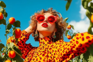 A young woman with curly hair is wearing vintage-inspired sunglasses and a leopard print blouse. She is posing with confidence against a backdrop of green foliage and red fruit, symbolizing a blend of