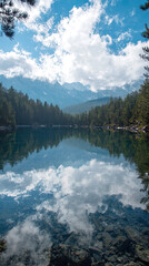 Wall Mural - Serene mountain lake surrounded by trees and clouds reflecting on water