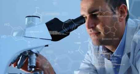  - Animation of data processing and chemical formula over caucasian male scientist using microscope