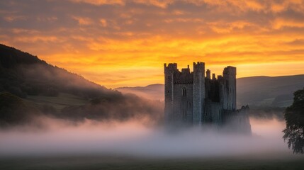 Wall Mural - A misty castle silhouette against a vibrant sunset sky.