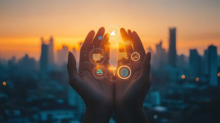 Sticker - Hands Holding Futuristic Interface Against City Skyline