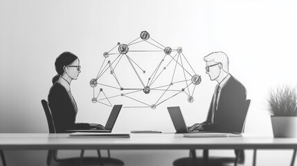 Two business professionals working on laptops, symbolized by a network of interconnected circles above them, representing collaboration, communication, and shared ideas.