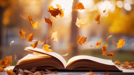 Wall Mural - Open Book with Falling Leaves