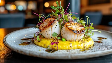 Wall Mural -  A white plate holds two scallops, surrounded by a yellow sauce atop a wooden table