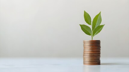 Stacks of gold coins with green leaves growing by savings and investment concept.