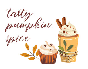 Pumpkin spice latte and cupcake flat vector illustration. Cappuccino and muffin on white background. Autumn greeting card, postcard design. Hand drawn vector illustration.