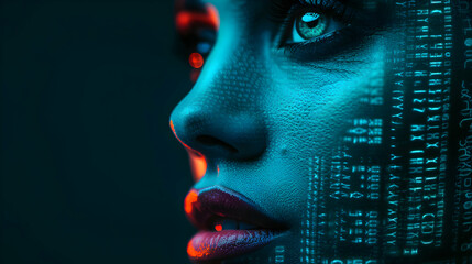 Canvas Print - Womans Face With Futuristic Facial Recognition Tec