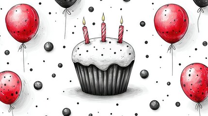 Wall Mural -   A cupcake with three candles on top, surrounded by red balloons, black balloons, and confetti on a white background