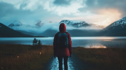 A person is walking on a path near a lake