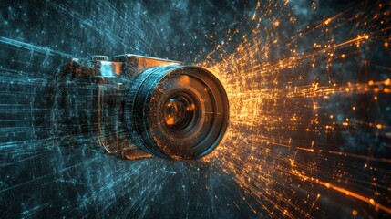 Poster - A digital camera surrounded by bursts of light, symbolizing photography and creativity.