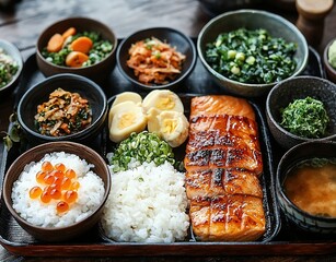 Wall Mural -   A high-quality close-up image showcases a tray of various foods including broccoli and rice on a table