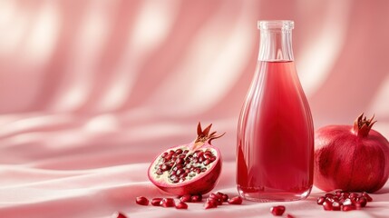 Sticker - A bottle of pomegranate juice beside fresh pomegranates on a soft pink background.