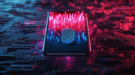 Smartphone with mobile payment and secure checkout displayed in a sleek design, detailed biometric fingerprint scan illuminated, futuristic urban setting in the background with soft neon reflections,