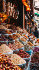 A vibrant Turkish bazaar filled with colorful spices and dried fruits