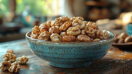 Wall Mural -   A bowl of walnuts on a wooden table top sits beside another bowl of walnuts on the same table