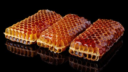 Poster - Three honeycomb pieces isolated on a black background