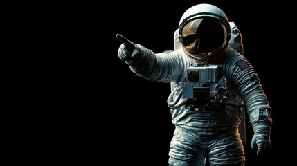 Wall Mural - an astronaut in a space suit points into the distance against a dark background.