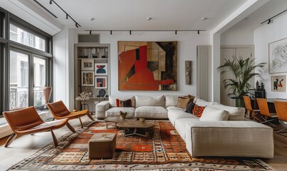 postmodernist style living room with furniture, art and painting