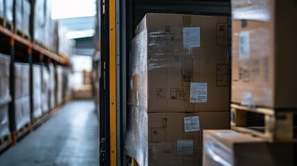 A warehouse interior filled with stacked cardboard boxes on pallets.