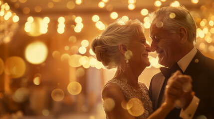 Elderly couple dancing happily in a romantic setting with bokeh lights