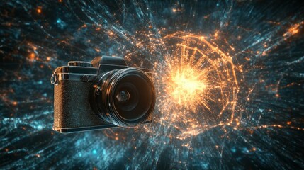 Wall Mural - A digital camera surrounded by swirling light patterns, symbolizing creativity and technology.