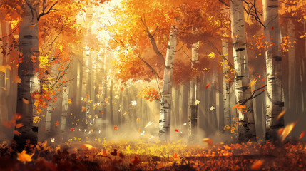 Autumn forest scene with falling leaves and bright sunlight shining through birch trees