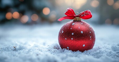 A red Christmas ornament with a red ribbon is sitting on top of snow. Concept of warmth and holiday cheer, as the red ornament stands out against the white snow. The ribbon adds a touch of elegance