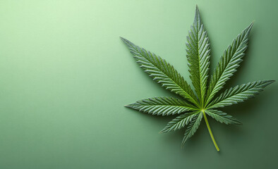 A leaf of a marijuana plant is on a green background. The leaf is the main focus of the image, and it is the most prominent element. The green background suggests a natural or organic setting