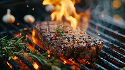 Sticker -   A close-up of a sizzling steak on a fiery grill billowing with plumes of smoke