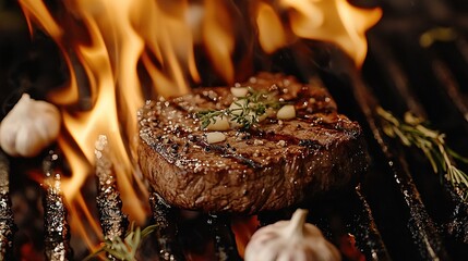 Sticker -   A close-up of a steak on a grill with flames and garlic nearby