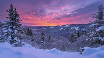 Poster - A serene winter landscape at sunset, showcasing snow-covered trees and a vibrant sky.